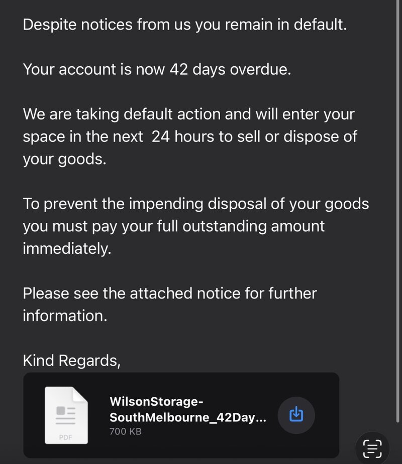 Email notice stating the account is 42 days overdue and that the facility will enter the space within 24 hours to sell or dispose of the goods